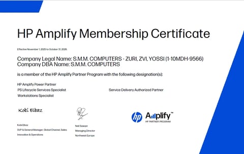 תעודת שותפות HP Amplify Power Partner של ש.מ.מ. מחשבים